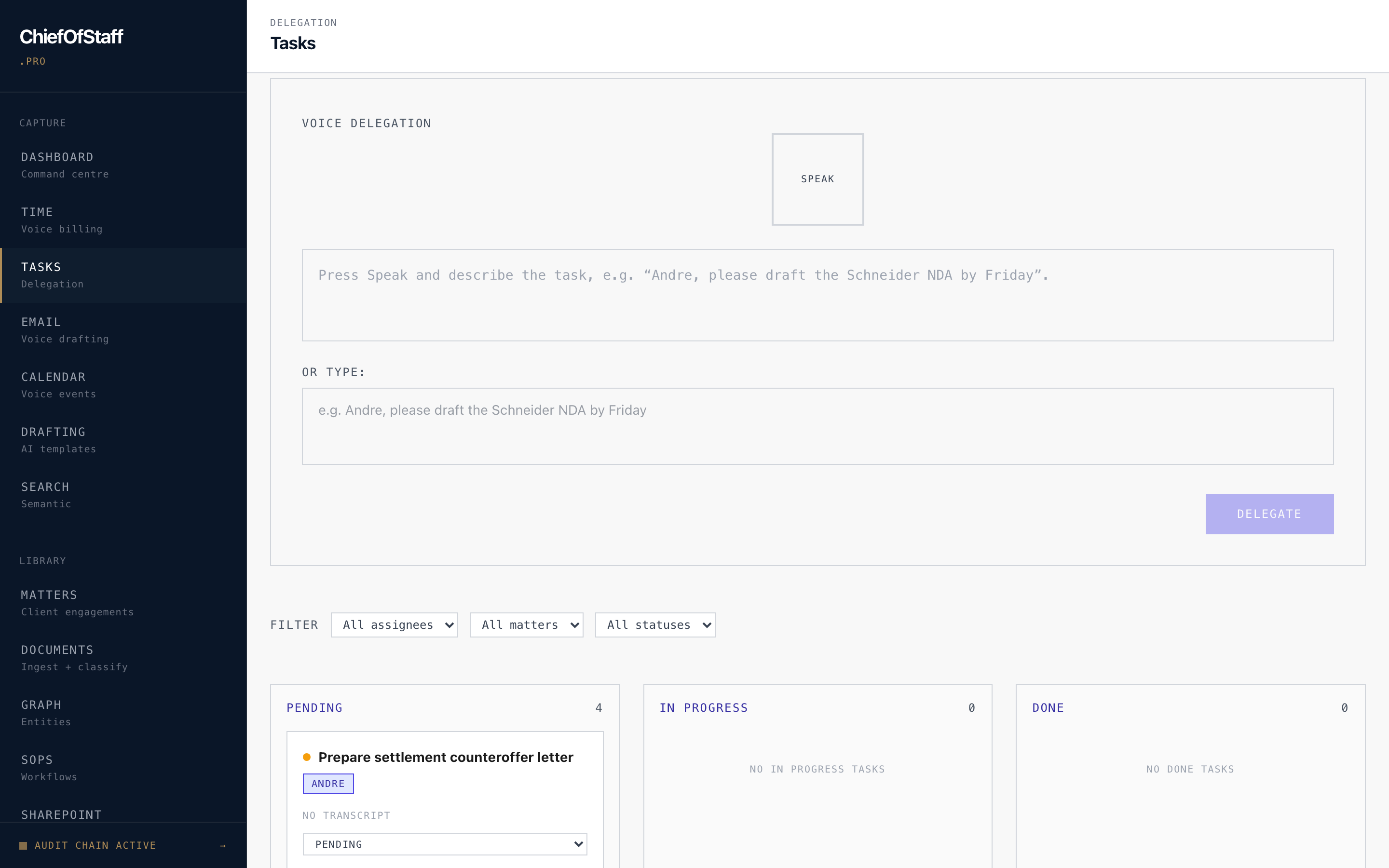 Voice delegation screen — speak a task and Donna routes it to a person or an AI agent