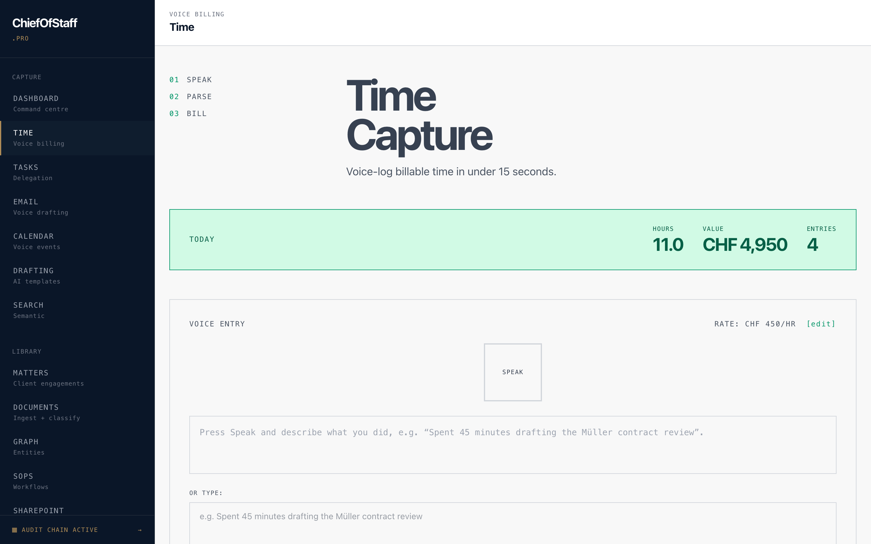 Time capture screen — log billable time from a voice note in seconds